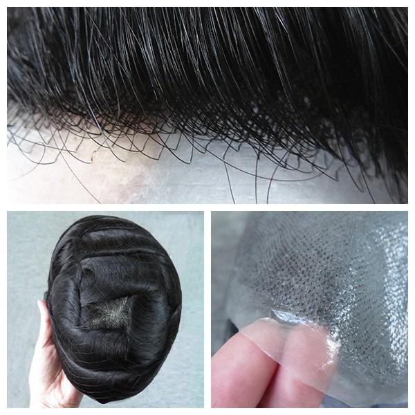 Toupee Mens Human Hair Thin Skin Hairpieces System Replecement Natural BLACK #1C
