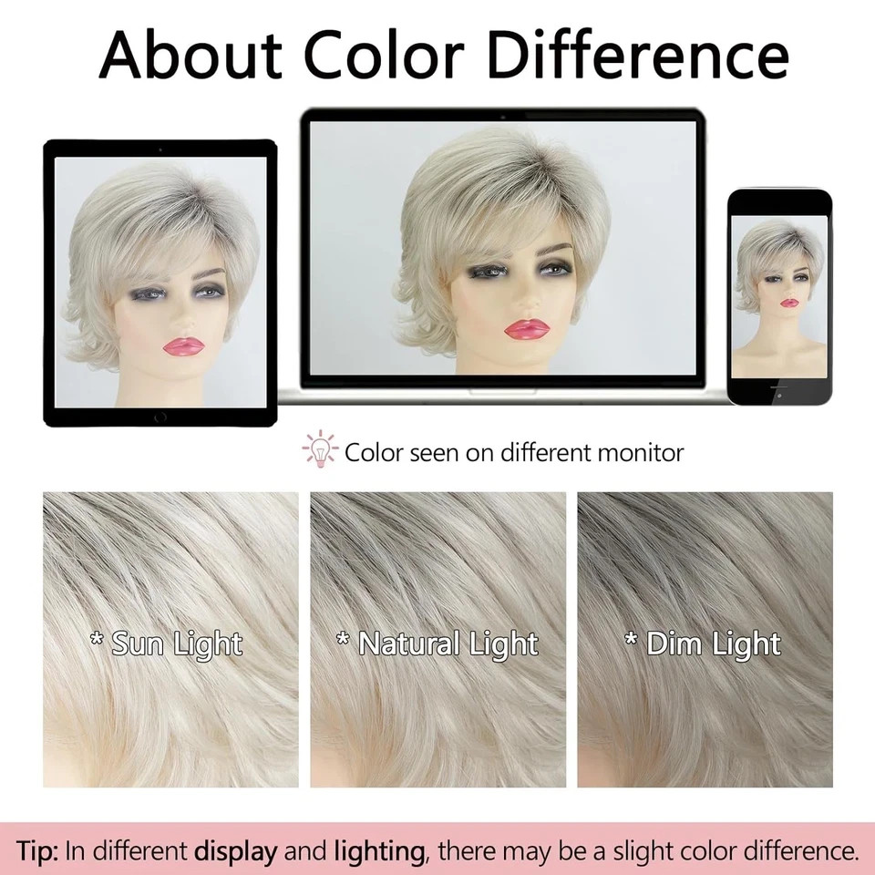 Short Pixie Cut Ombre Silver Grey Curly Wigs for White Women Fluffy Layered