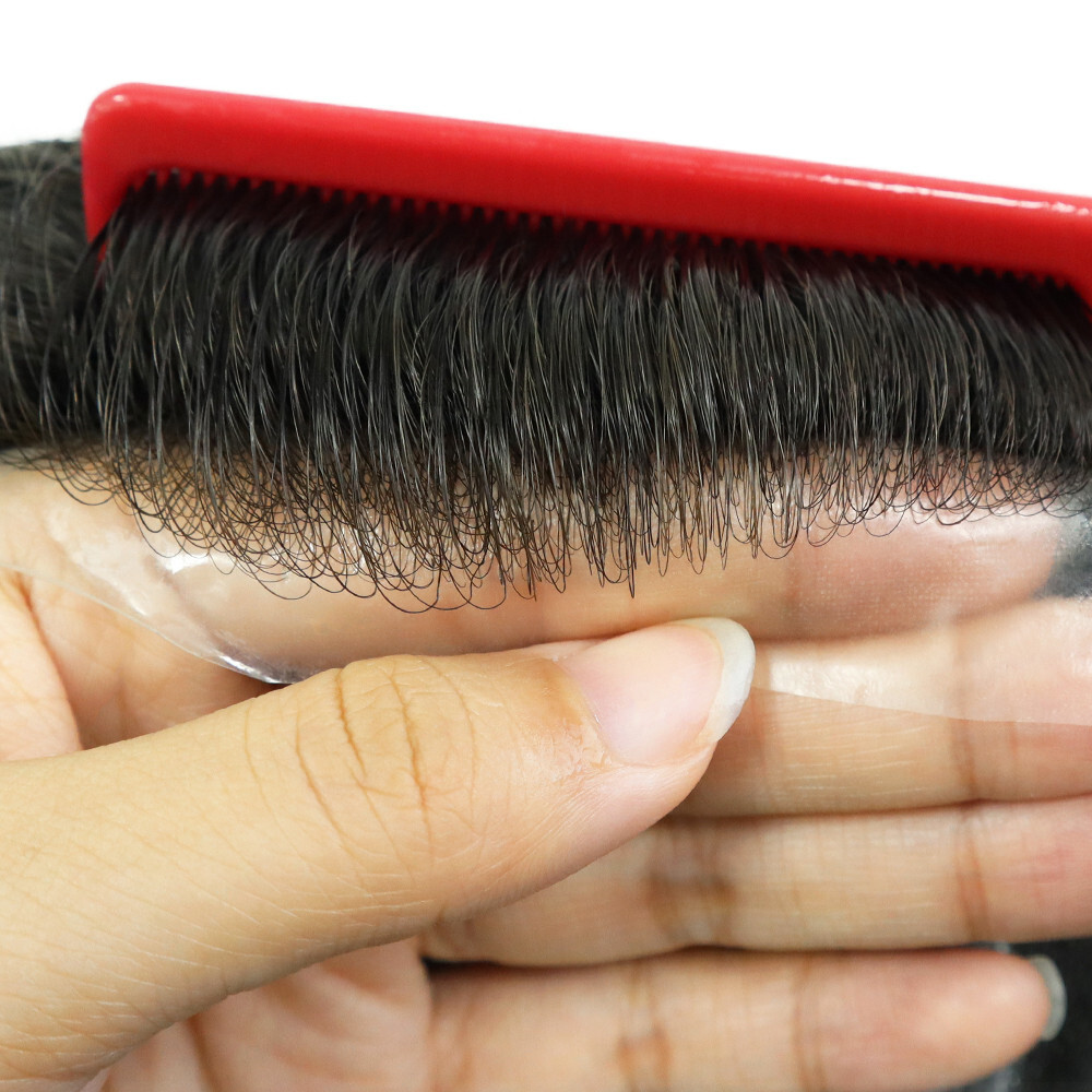 Mens Toupee Hair System Hairpiece 0.03 Thin Skin Human Hair Jet Black Mirage#1