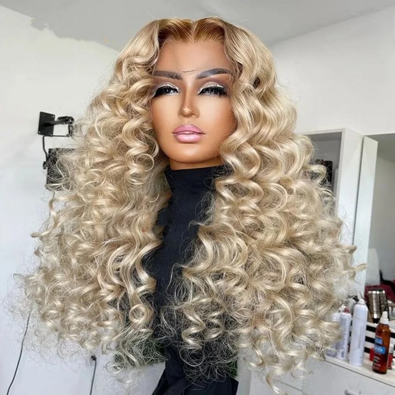 Deep Wave Curly Ash Blonde Dark Roots Human Hair Wigs 13×4 Lace Front Wig
