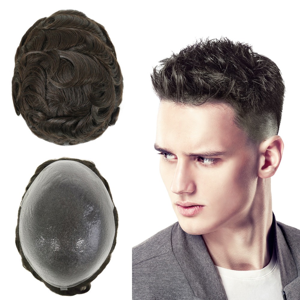 Toupee for Men Human Hair System 0.05mm Thin Skin Dark Brown Hair Pieces #2