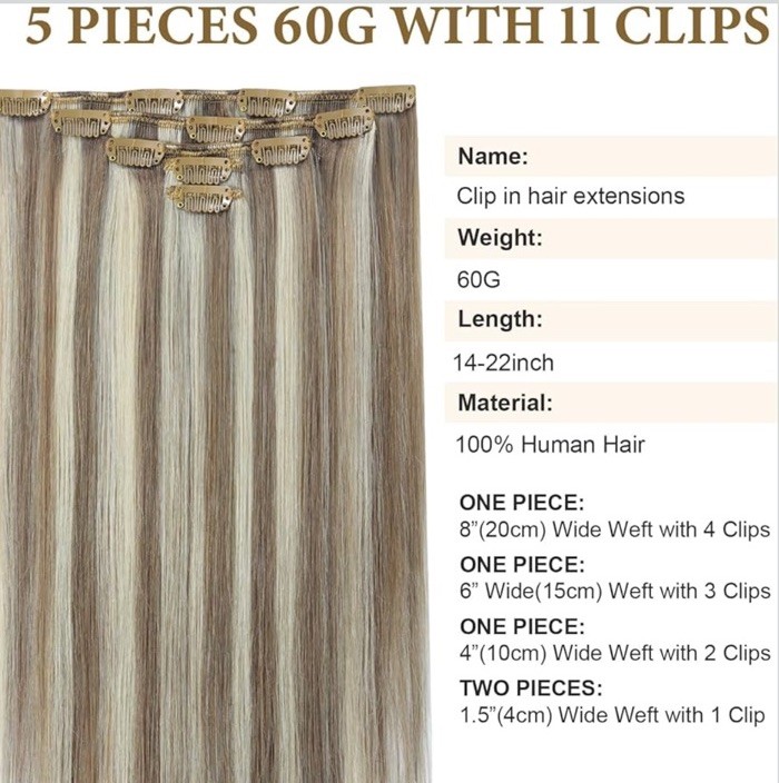 5pcs Ash Brown Platinum Blonde Clip in Human Hair Extensions 22” Remy Straight