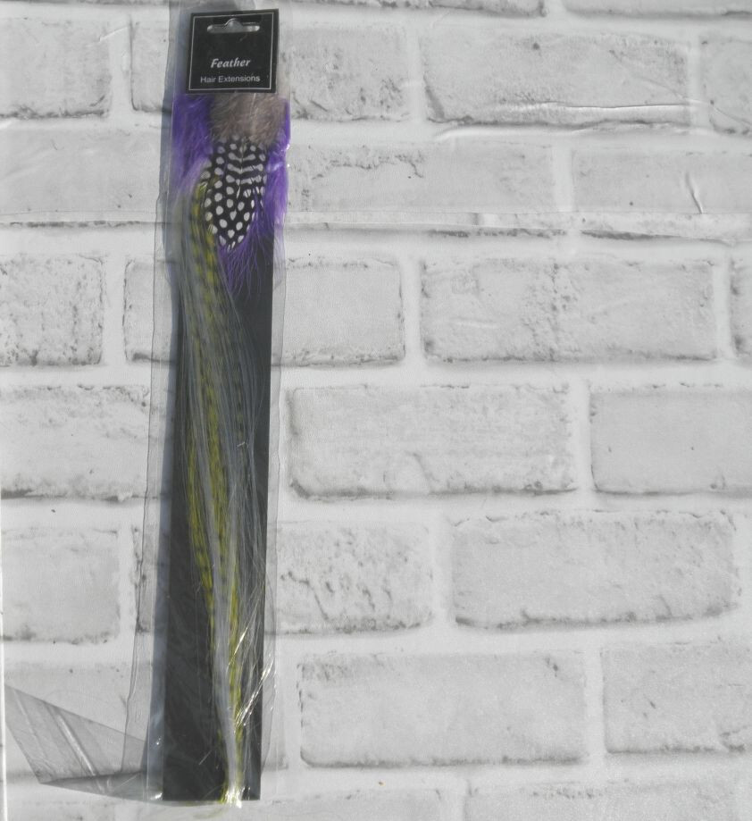 NEW SYNTHETIC FEATHER HAIR EXTENSION (PURPLE,YELLOW,GRAY,BLK/WHITE) 15″ LONG #14