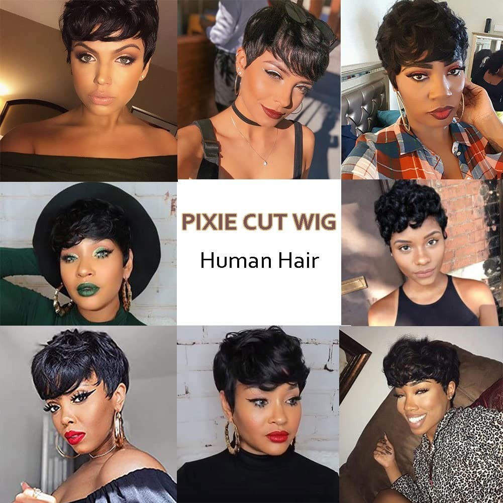Human Hair Wigs Black Short Curly Pixie Cut with Bangs for Women