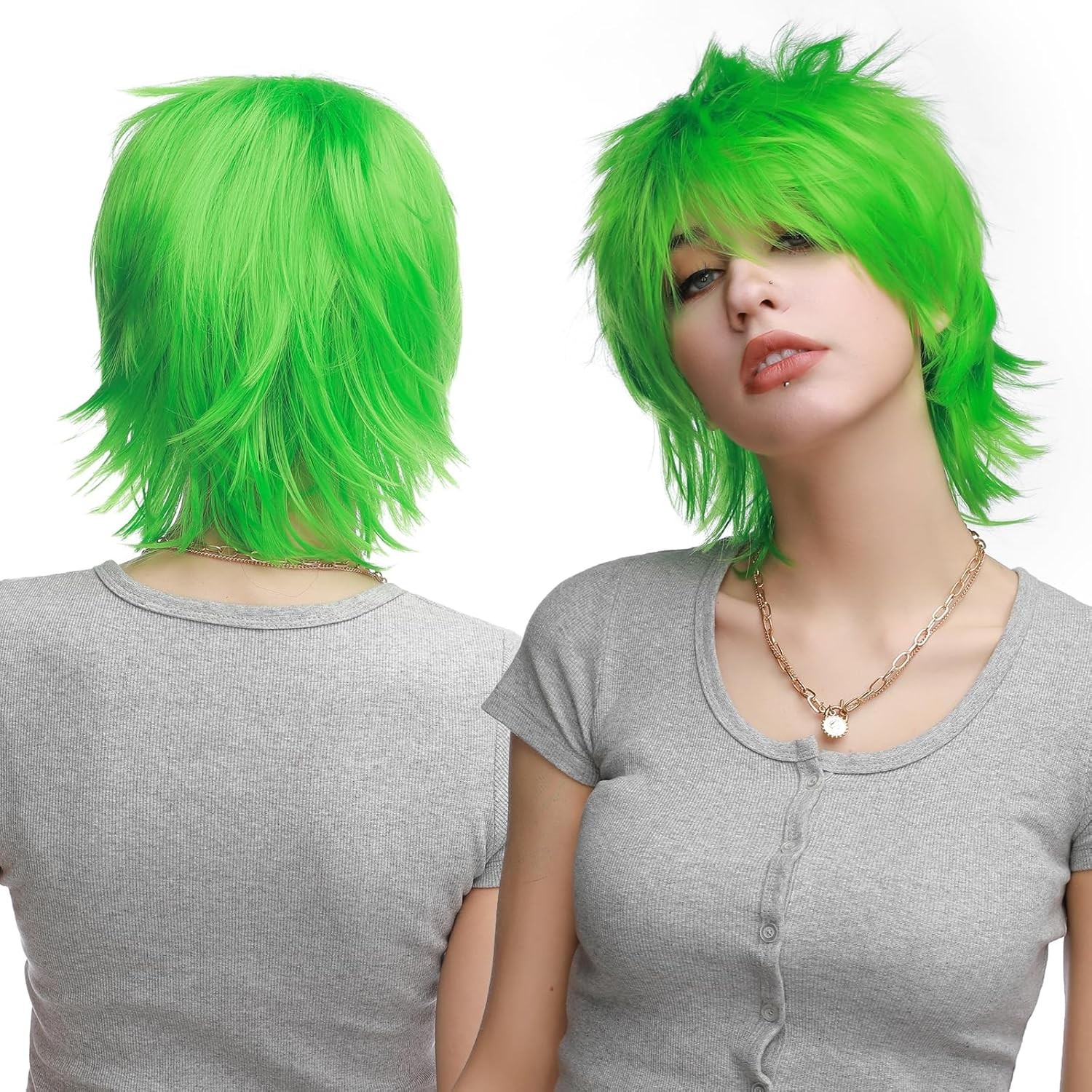 Unisex Short Green Wig Women Men’s Short Layered Fluffy Spiky Wigs with Bangs