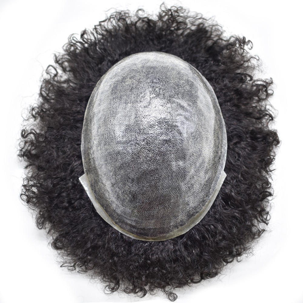 Full PU Afro Toupee for Black Men Kinky Curly Hair Units for Man Human Hairpiece