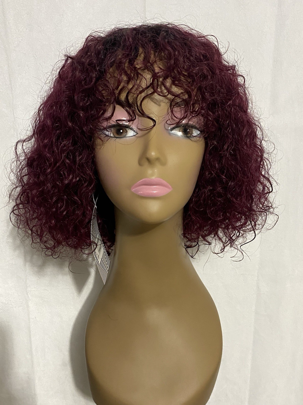 Curly Human Hair Bob Wig with Bangs Ombre Burgundy TT1B/99J Non Lace Glue-Less