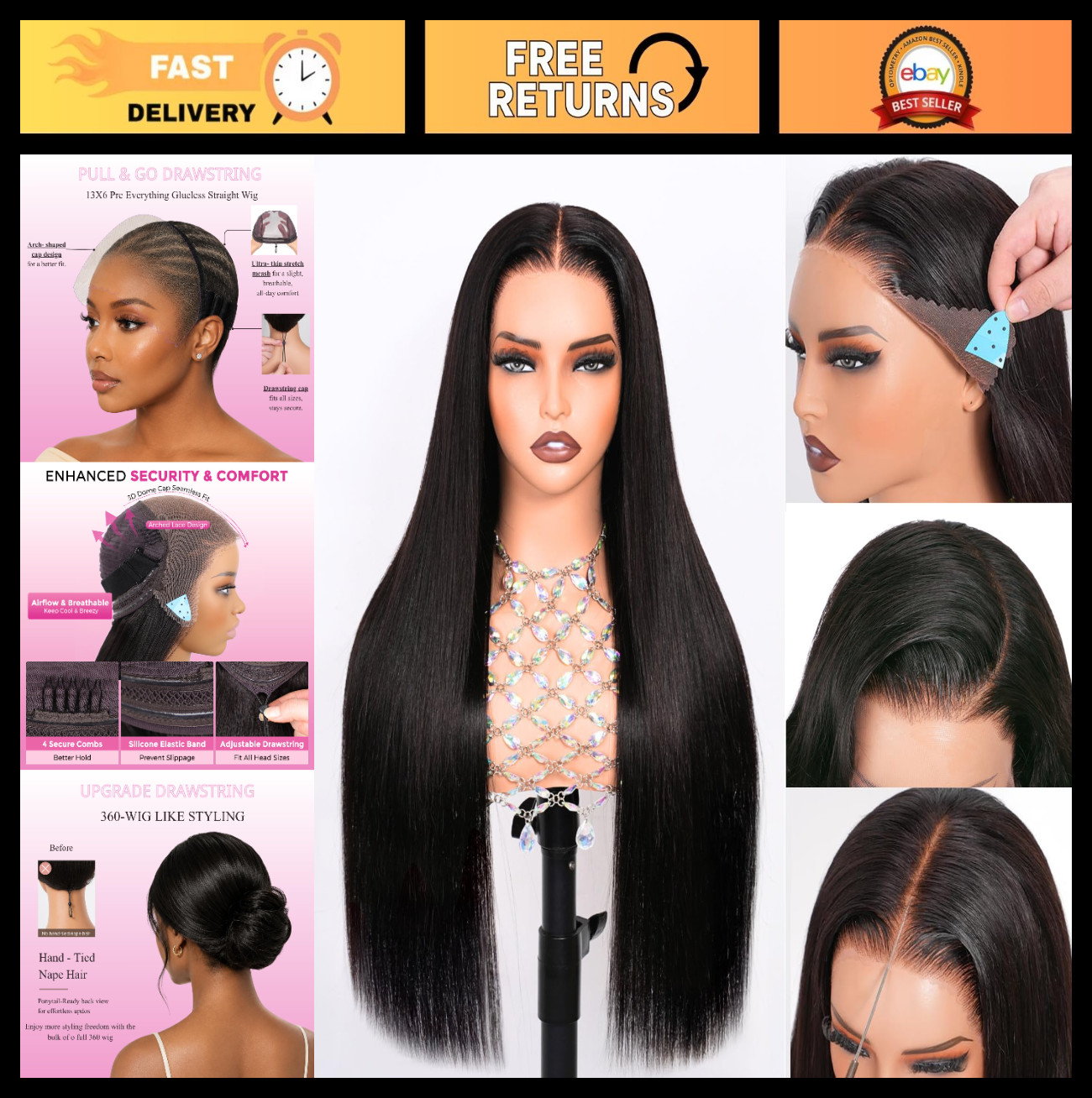 13×6 HD Lace Front Wig Human Hair, Pre-Plucked & Bleached, 200 Density, Glueless