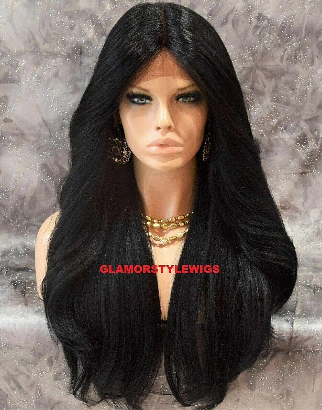 FREE PART LACE FRONT FULL WIG LONG LAYERED STRAIGHT JET BLACK #1 HEAT OK NWT