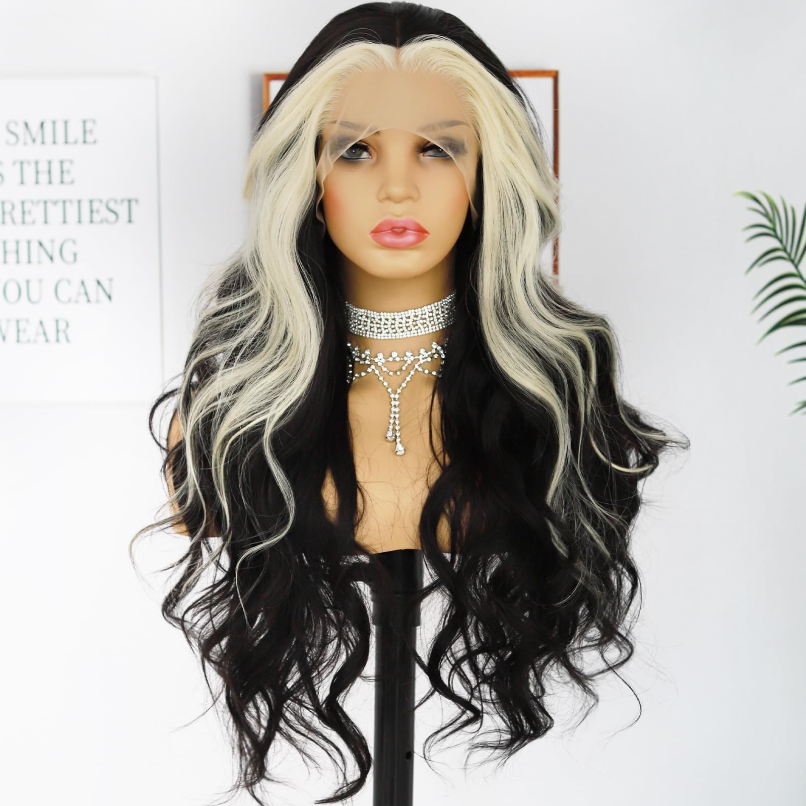 ANDRIA Black/Blonde Skunk Stripe Lace Front Wig Long Body Wave Heat Resistant