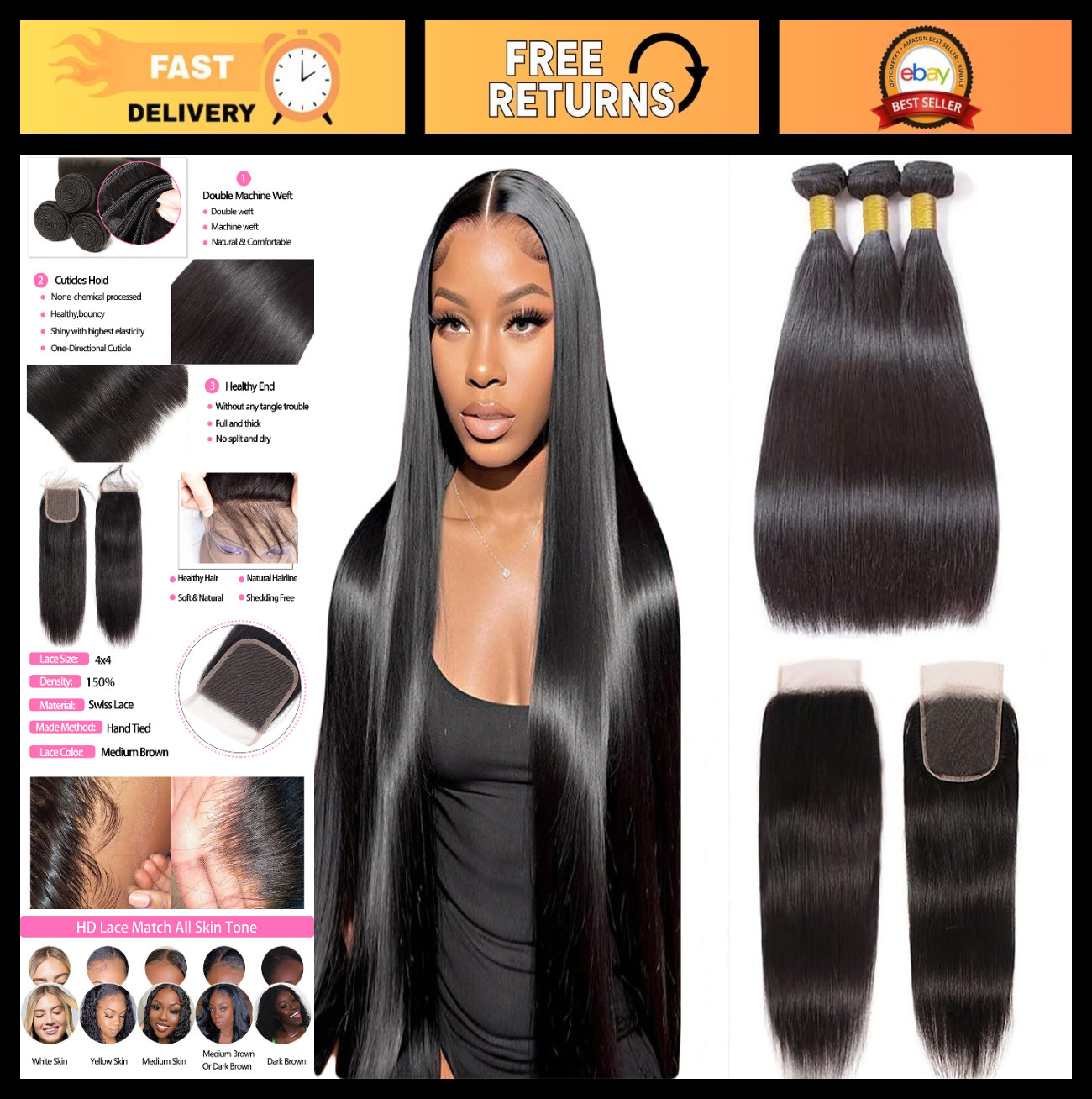 10A Brazilian Virgin Human Hair Bundles with Closure – 20, 22, 24 & 18 Inch HD L
