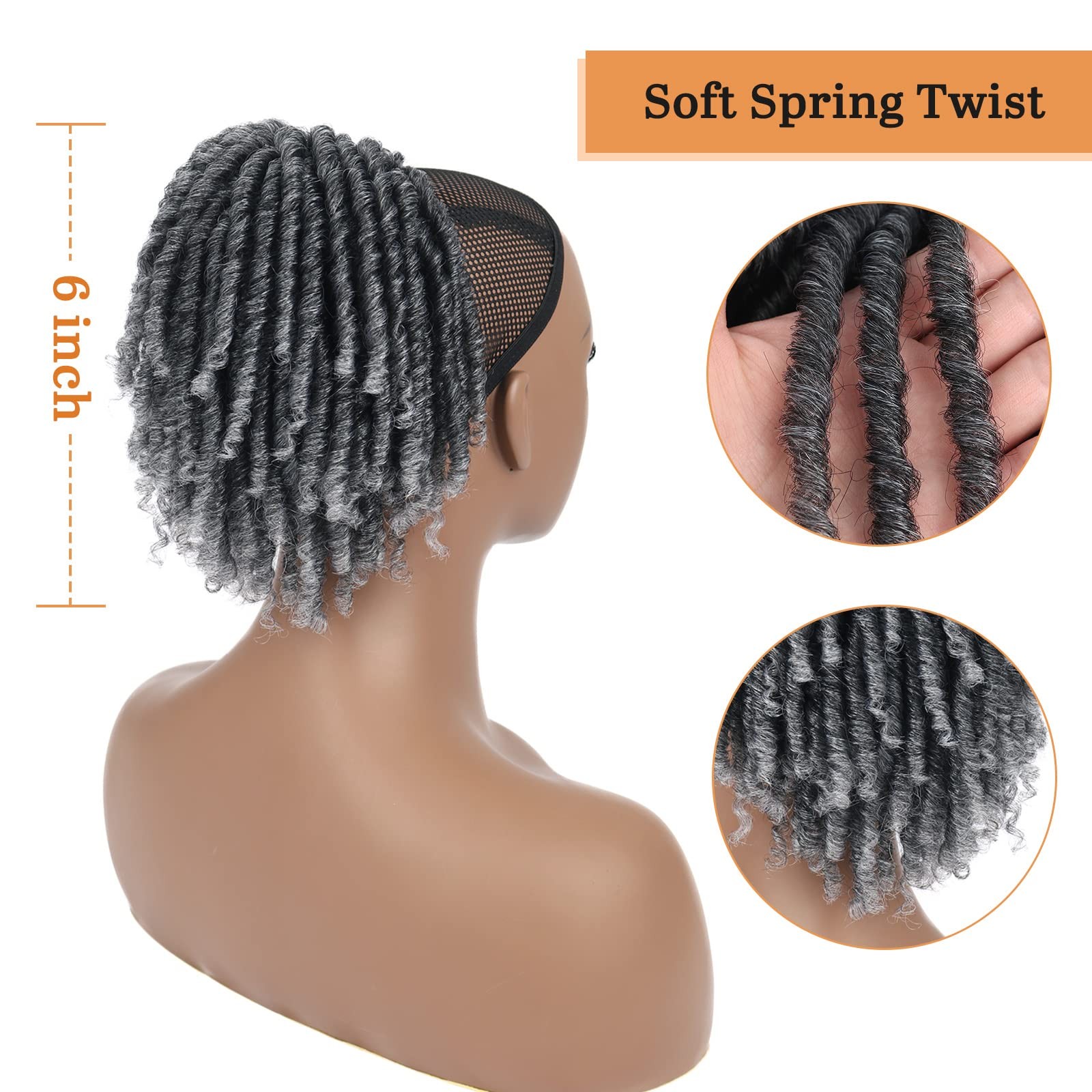 Grey Dreadlock Drawstring Ponytail for Black ,6inch Short Curly Faux Loc Pony…