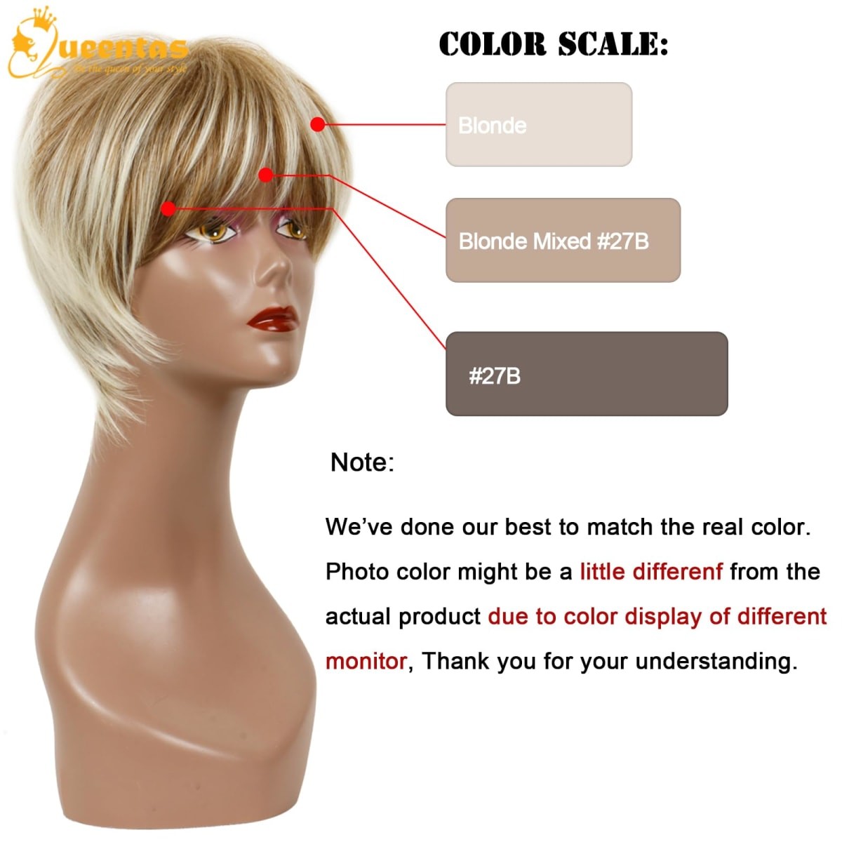 QUEENTAS Pixie Layered Short Blonde Wigs for White Black Women Synthetic Hair