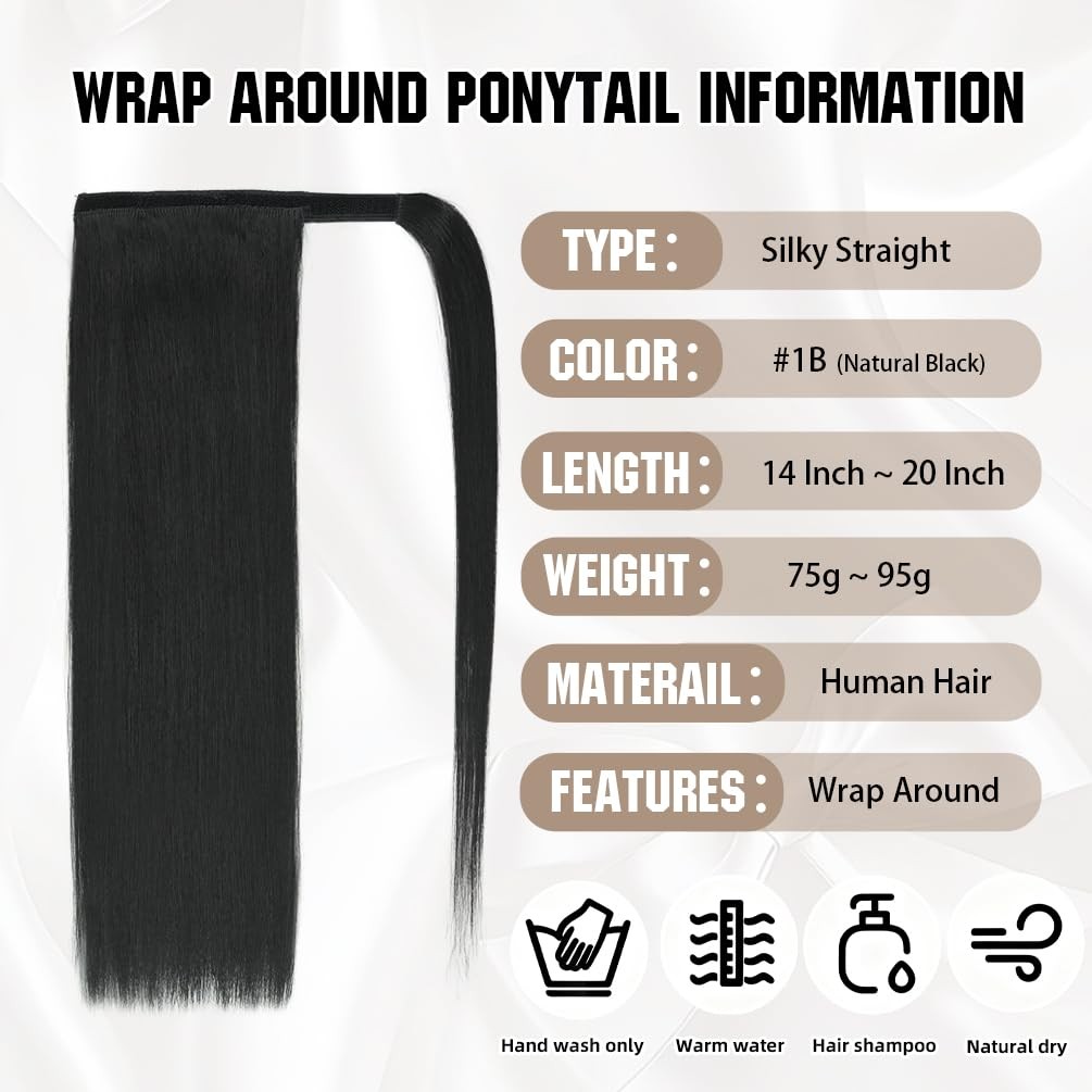 Amygirl Ponytail Extension Human Hair 14 Inch Natural Black Silky Straight Clip