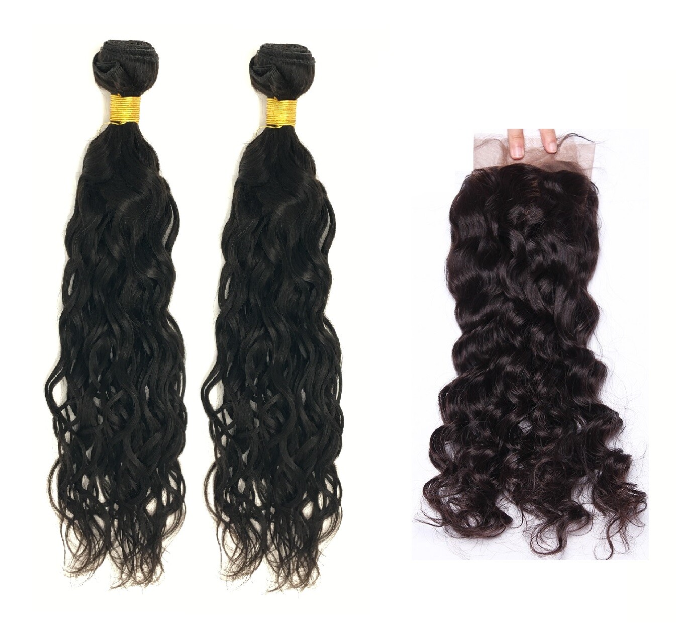 Water Wave Brazilian Virgin human Hair 2 Bundles with Lace Frontal natural black
