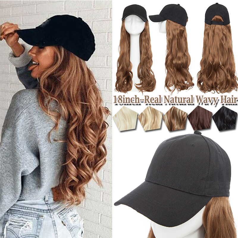 Baseball Cap Synthetic Long Straight Natural Curly/Wavy Hat With Hair Extensions