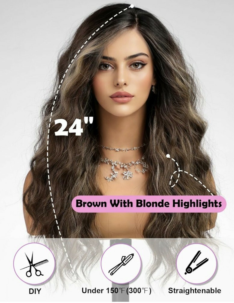HD Lace Front Wig Natural Light Medium Brown Ombre Wavy Heat Resistant 24 In