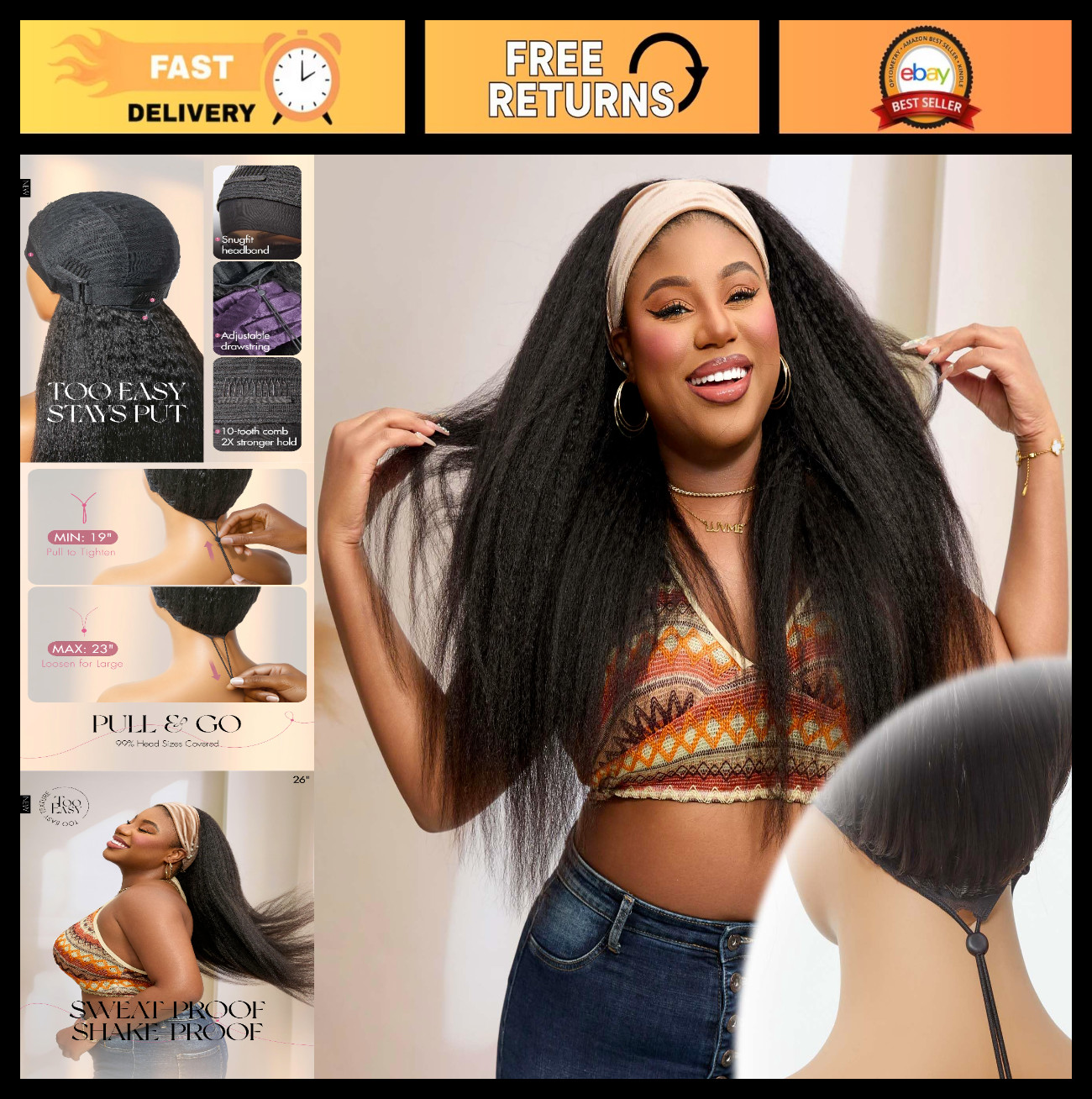 Kinky Straight Headband Wig for Black Women – 24″ Human Hair Half Wig, Glueless,