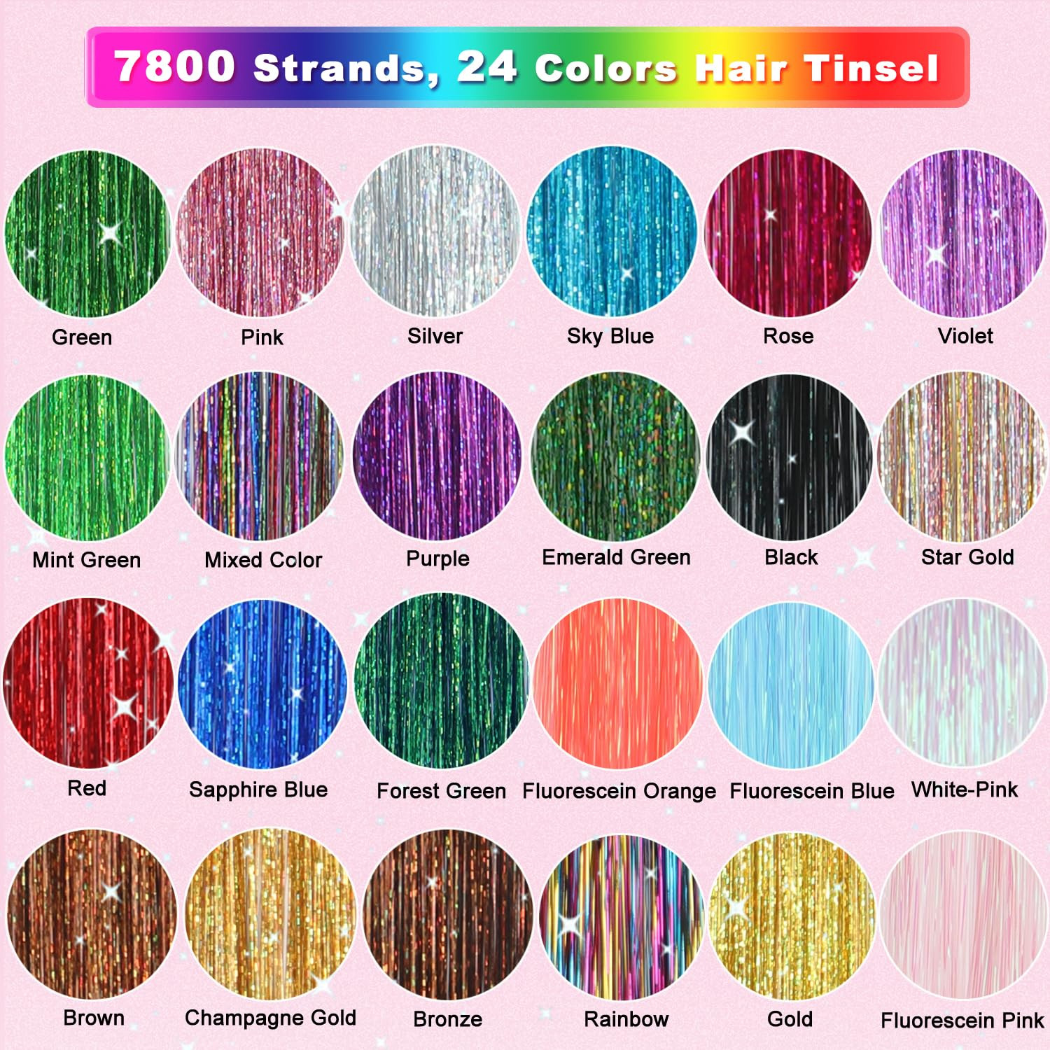 24-Color Hair Tinsel Kit with 7800 Strands and Tools for Festive Hair Extensions