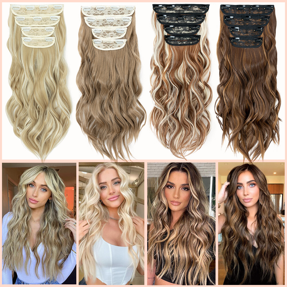 100% THICK 4PCS Clip in Hair Extensions Long Wavy Hair Extensions 22″ Hairpiece