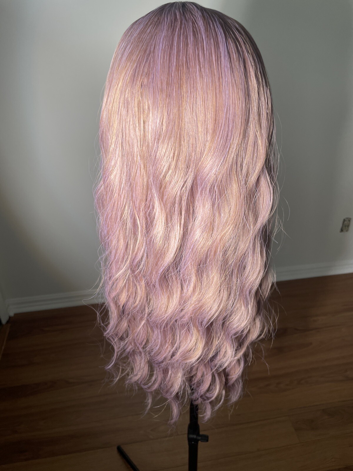 wig, Cosplay 26” Lilac Pink Rose Gold, Synthetic, Bangs, Straight Wavy