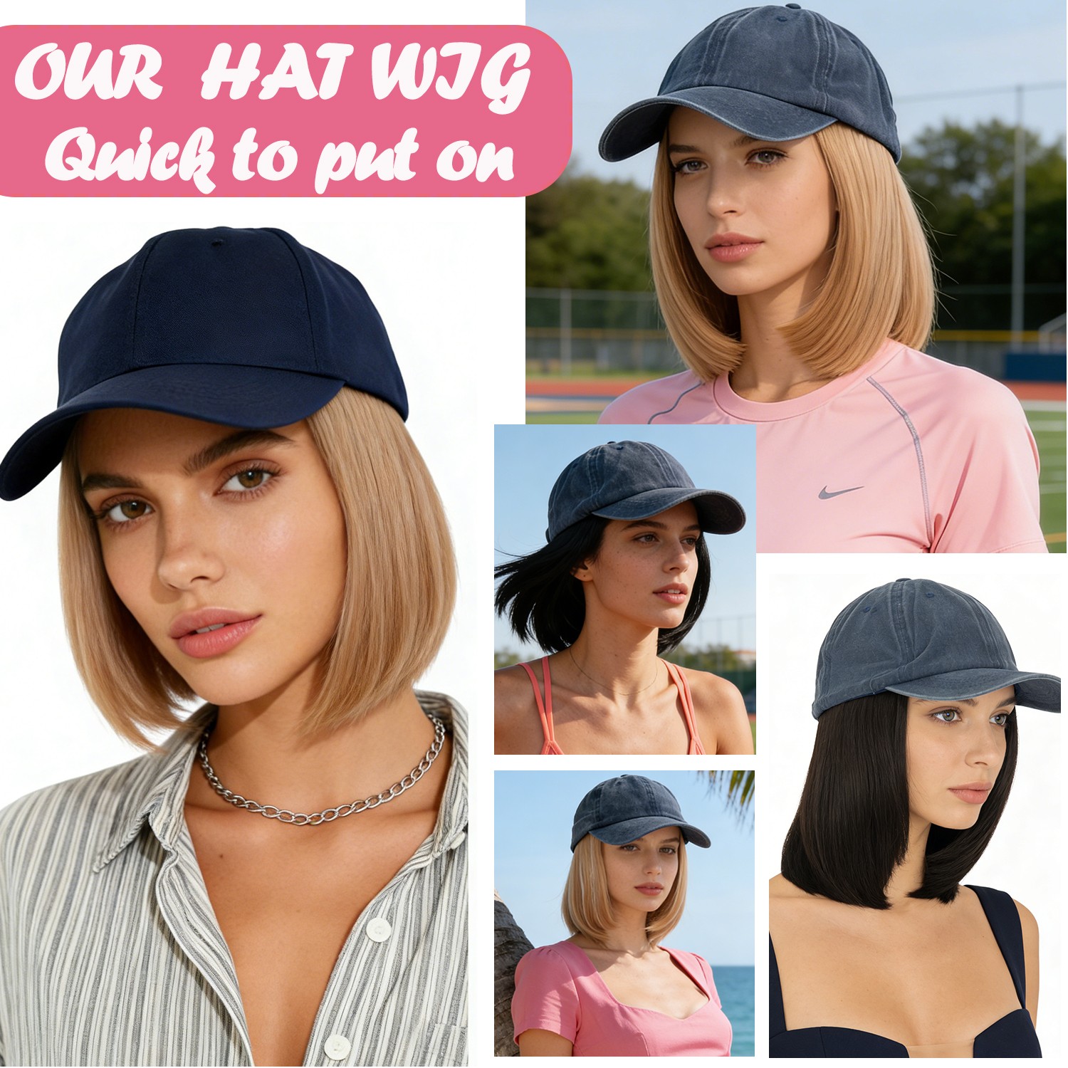 Baseball Cap Hat with Short Synthetic Hair,Baseball Hat Cap with Straight Hair M