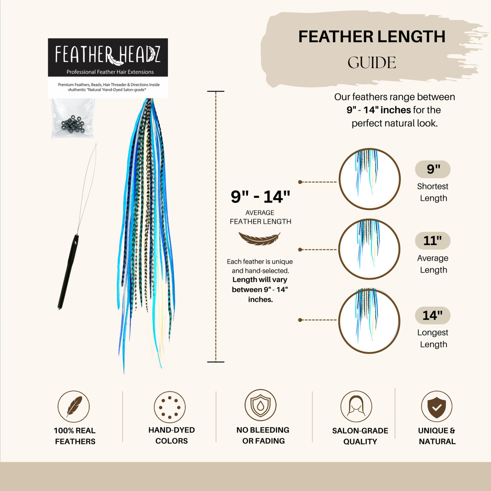 Feather Hair Extensions 21 pc Real Rooster Feathers 9″-14″ length (Blues)