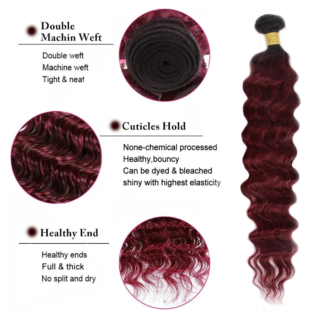 Biottihair Burgundy Human Hair Bundles 1B/99J Deep Wave Bundles 18 20 22 Inch