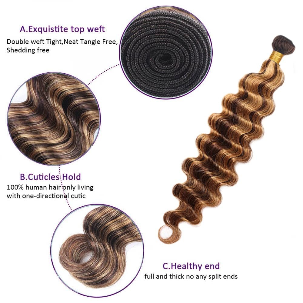 Ubinica Chocolate Honey Blonde P4/27 Human Hair Bundles 24 26 28 Inch Deep Wave