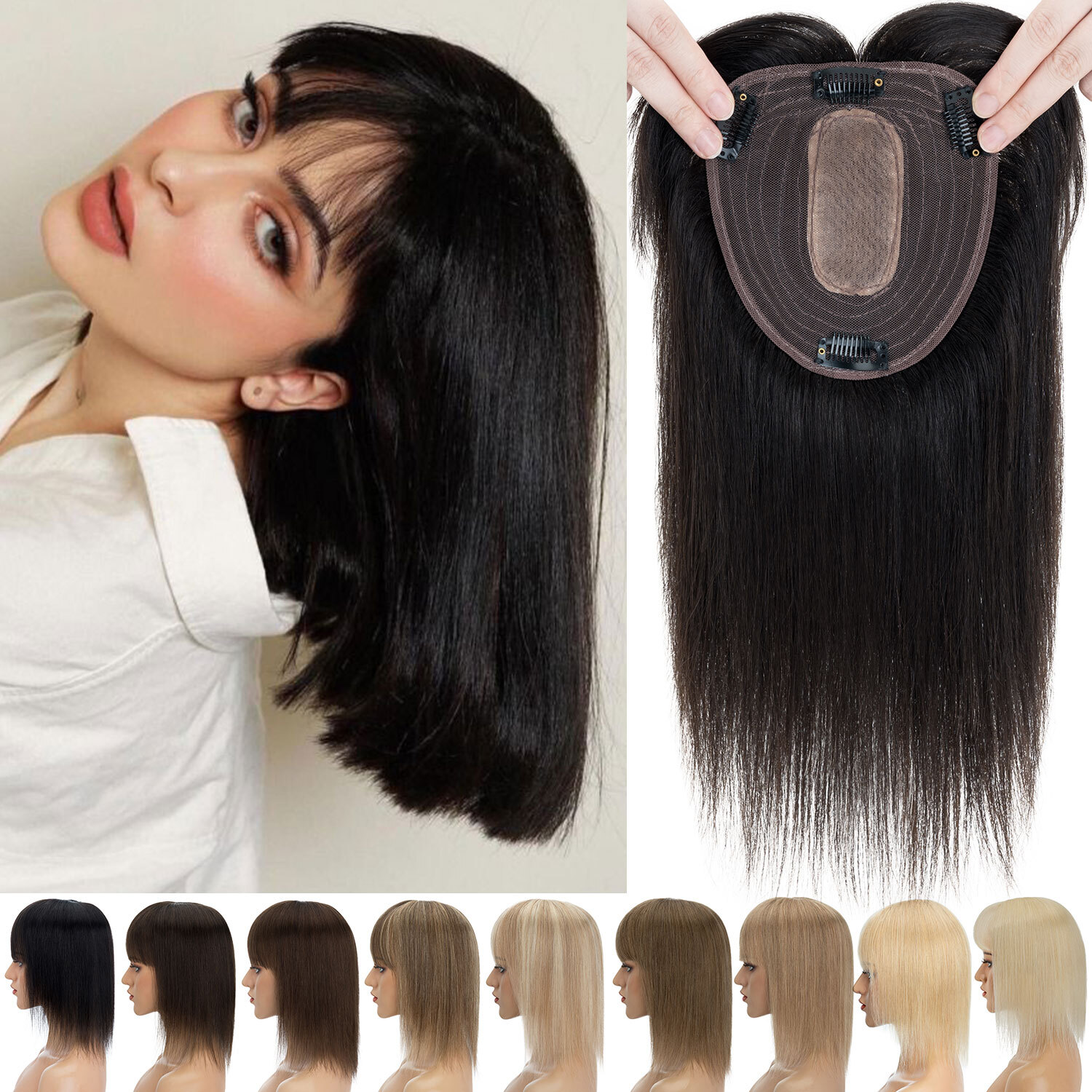 Clip in REAL Human Hair Topper Toupee Top Pieces Wigs Women Hairpiece With Bangs