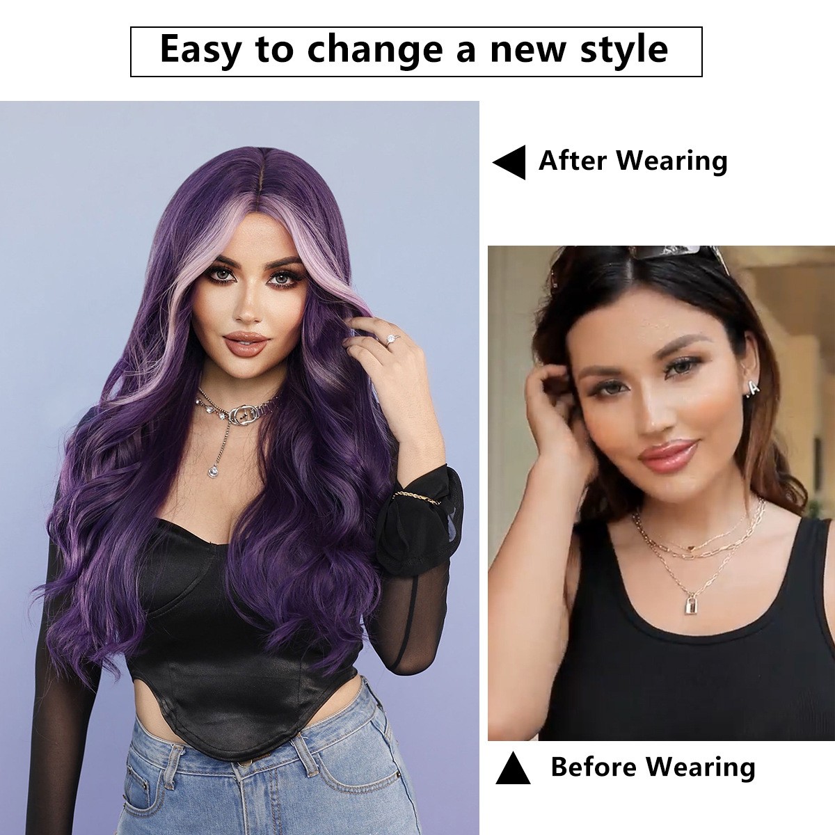 Long Wavy Purple Wig Middle Part Highlight Skunk Stripe Synthetic Hair Wig for