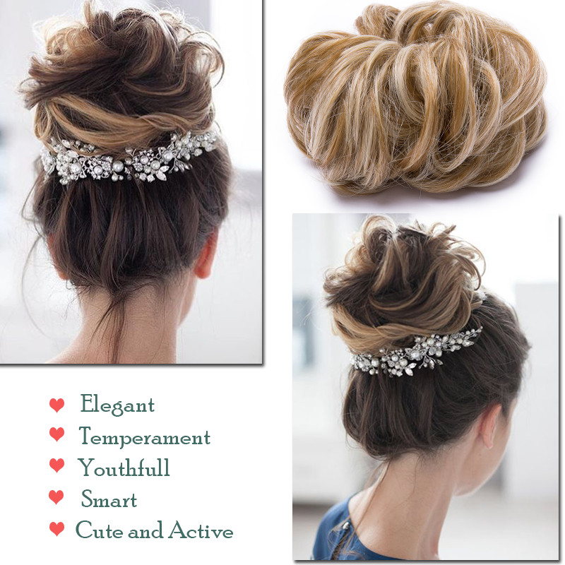Real Natural Messy Hair Scrunchie Clip on Bun Ponytail Updo Extension Blonde Mix