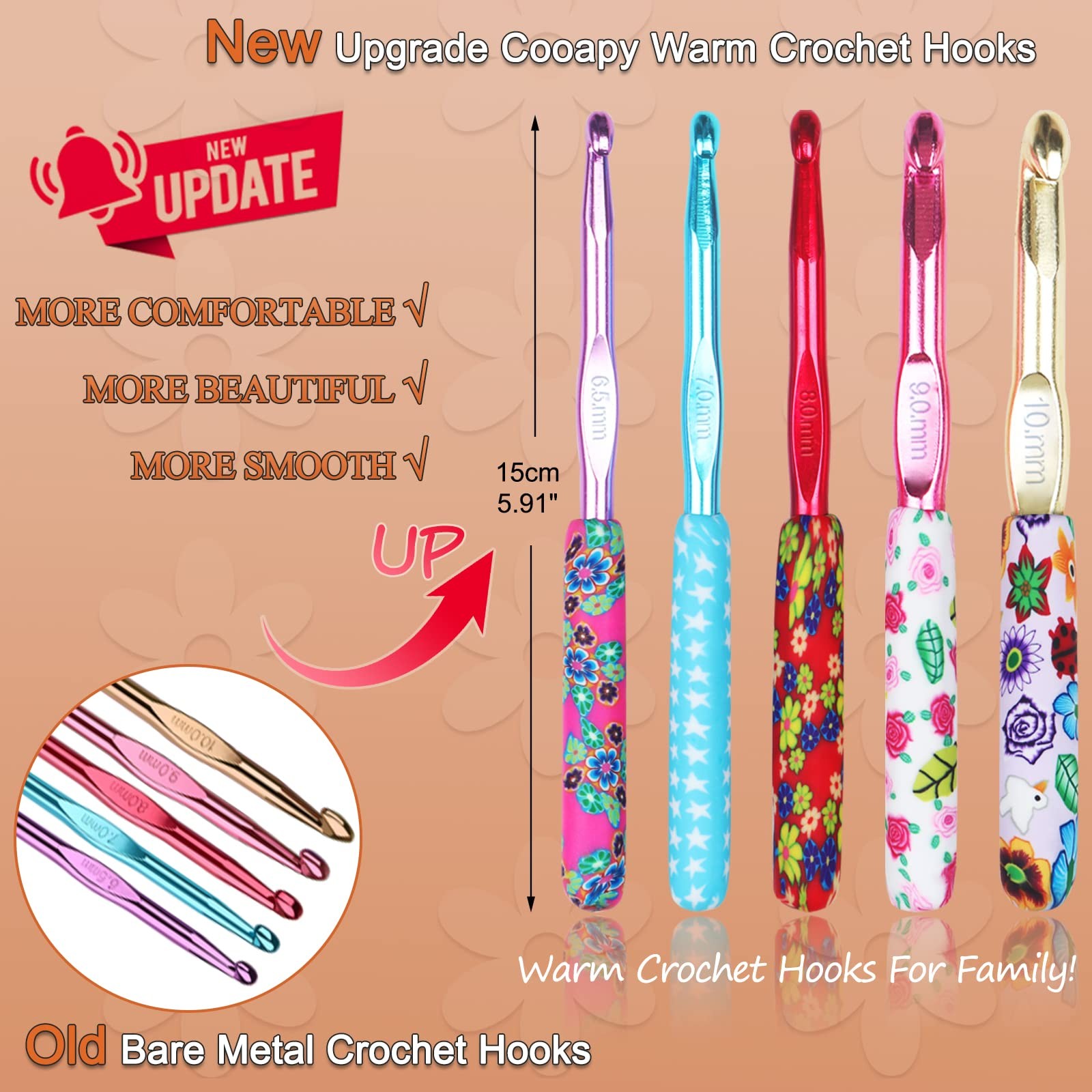 Coopay Warm Crochet Hooks Large, 10mm 9mm 6.5,7,8,9,10 millimeters, Flower