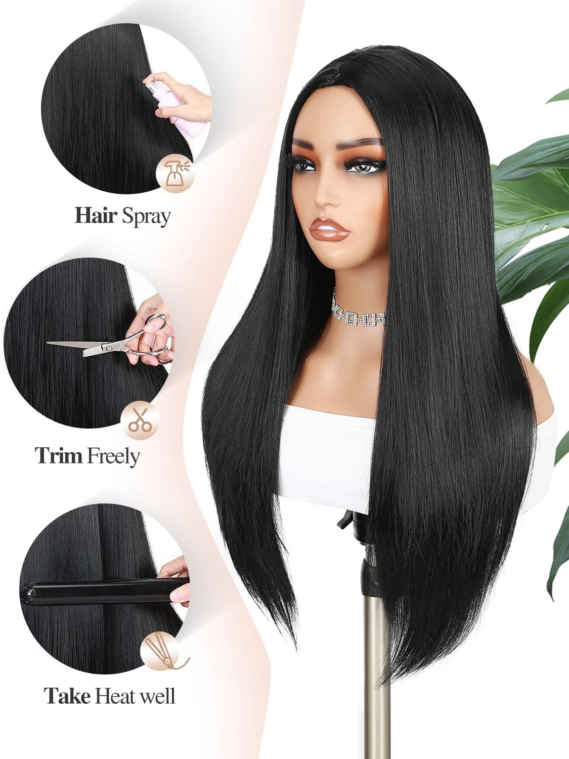 Long Black Wigs Straight Black Hair Dye Wig for Women Middle Part Synthetic H…