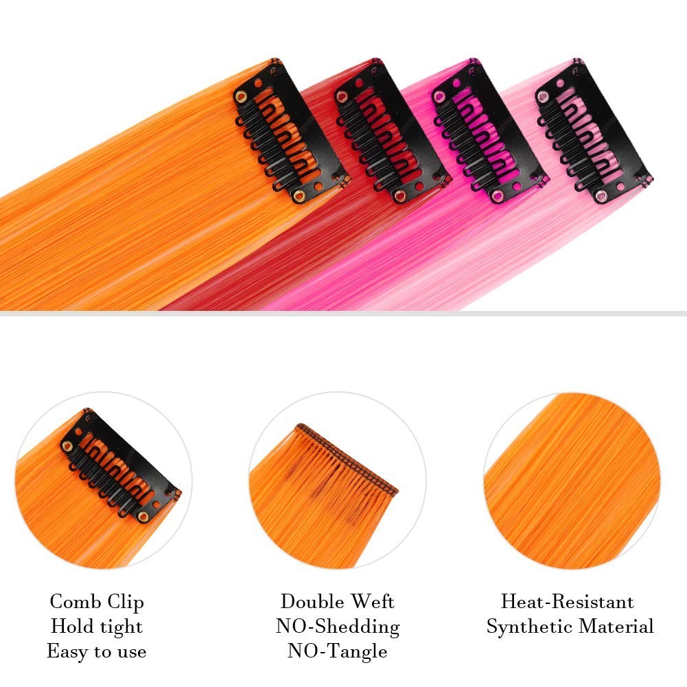 Multi Color Clip In Hair Extensions 12 Pieces for Costume and Parties