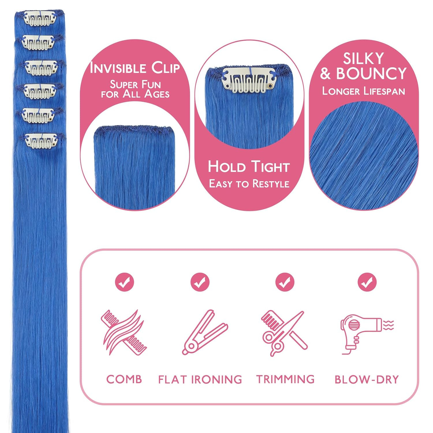 Blue Clip in Hair Extensions Real Human Hair 35G 6Pcs 14 Inch Colored Hair Exten