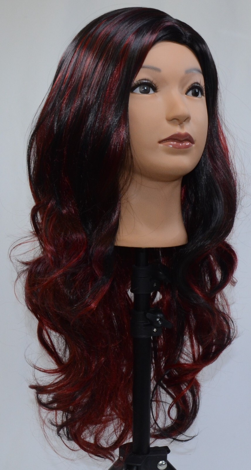 Long Wavy Curly Black Red Wig Synthetic Long Layered Wig with Highlights