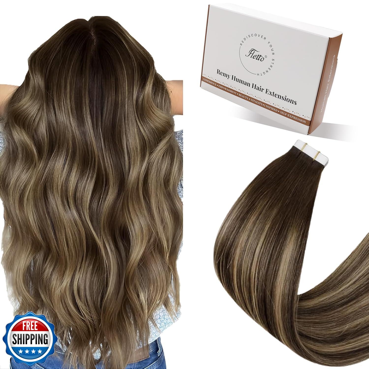Hetto Tape in Hair Extensions Brown Highlighted with Blonde Human Hair Tape i