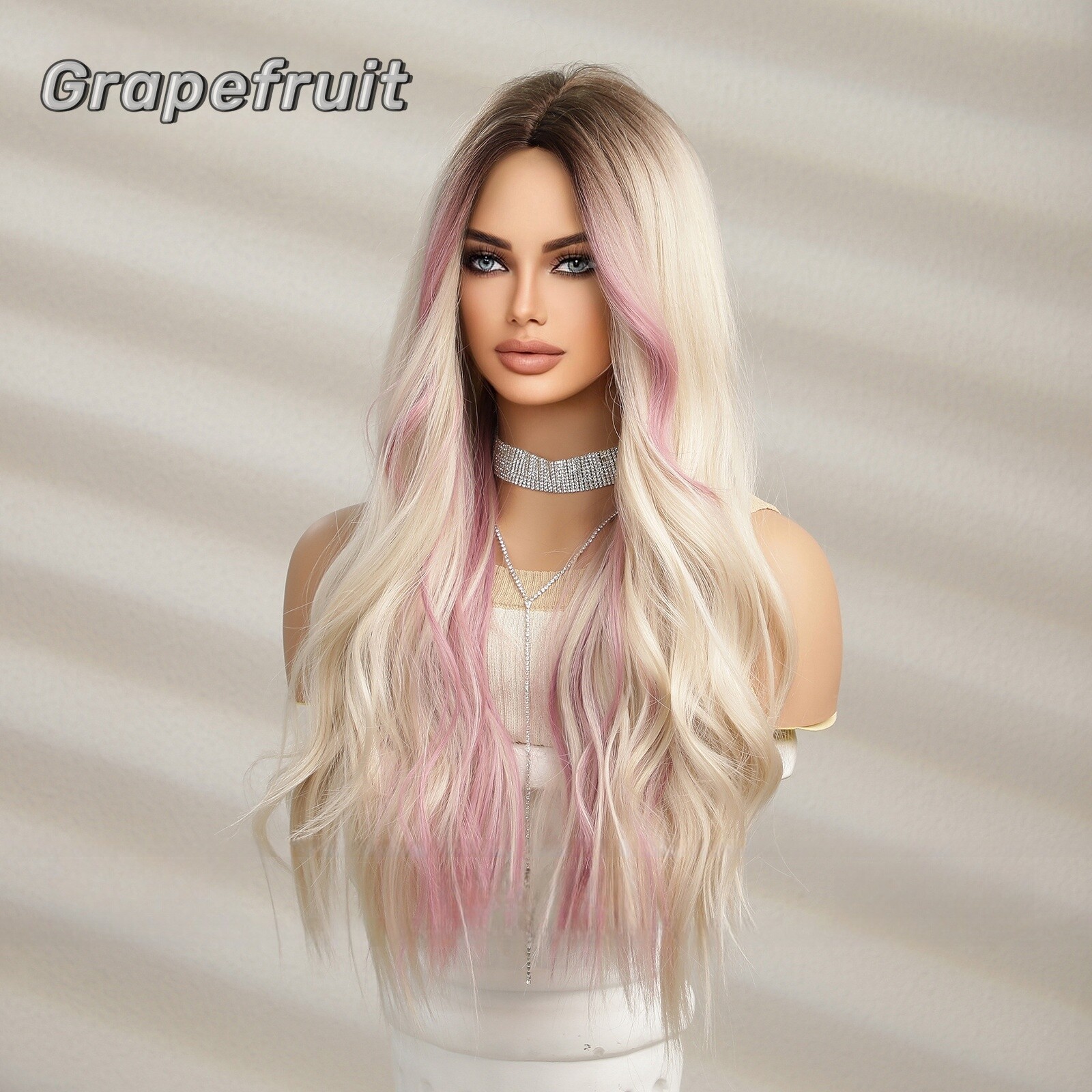 Wig for women Gradient gold highlights pink synthetic fiber breathable wig