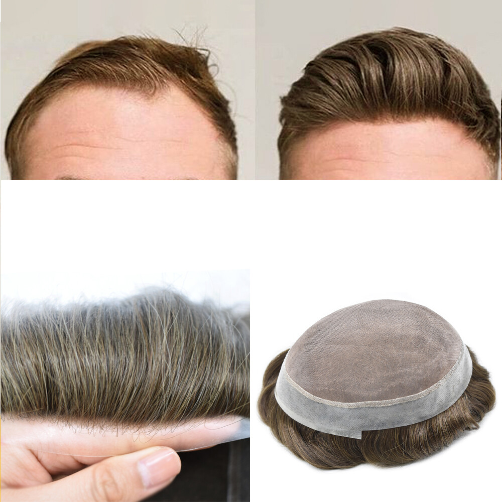 Mens toupee hairpiece Fine Mono poly skin Human hair system replacement Mens wig