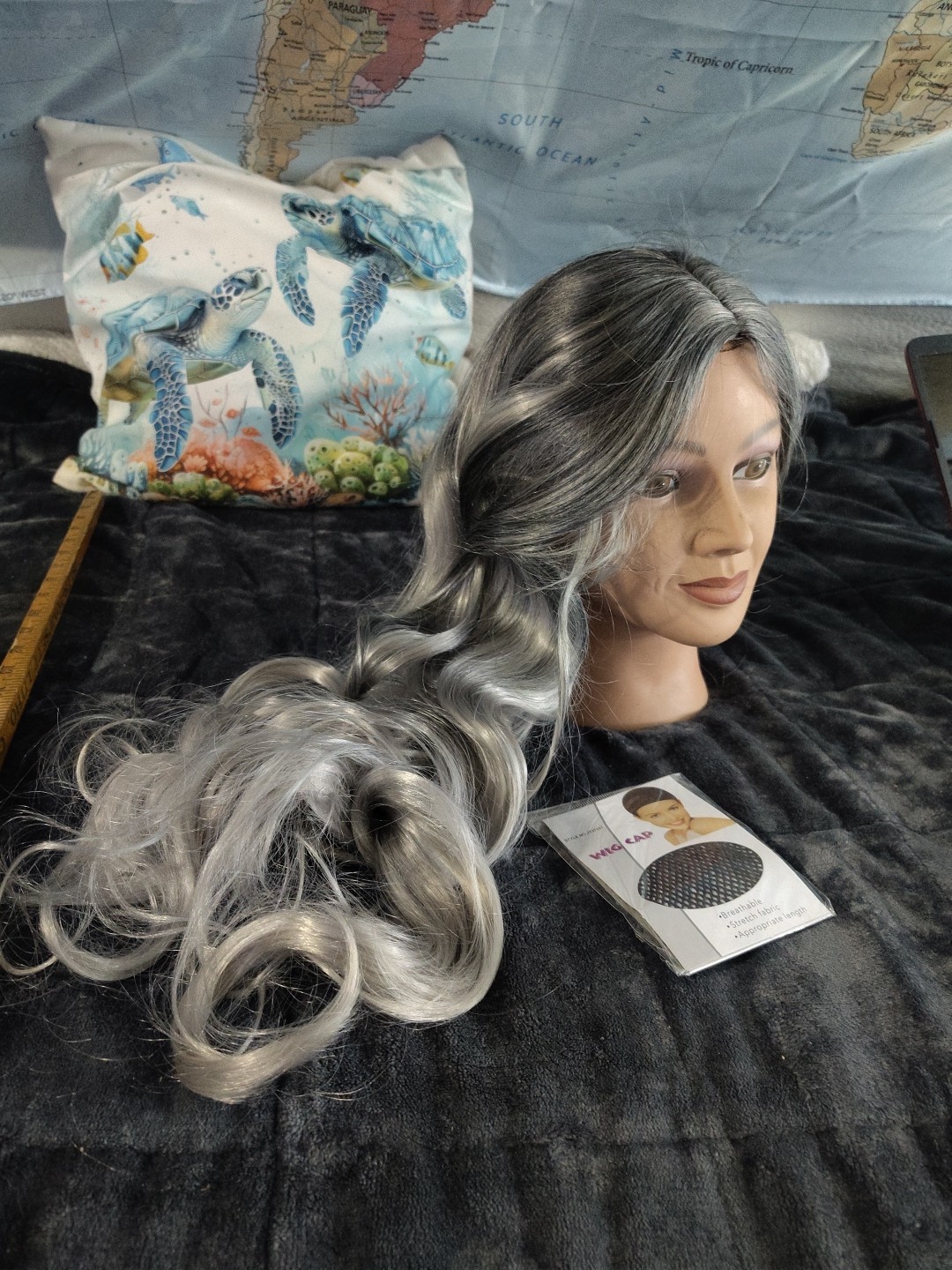 New Ombre Silver Long Gray Wig Middle Part Wavy Cosplay Wig Synthetic Women 22″