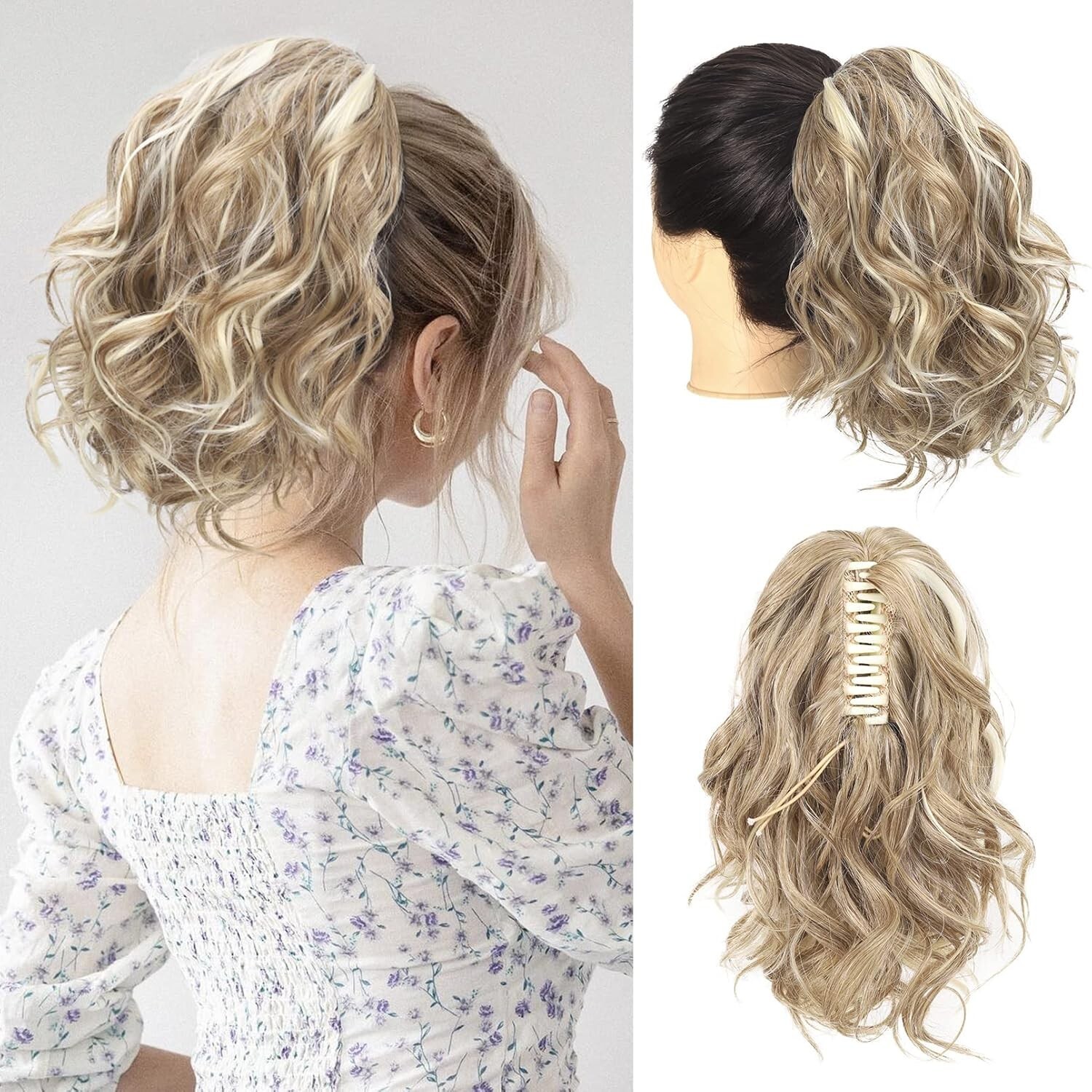 12″ Highlight Ponytail Extension, PT001 Ella Claw Short Thick Wavy Curly