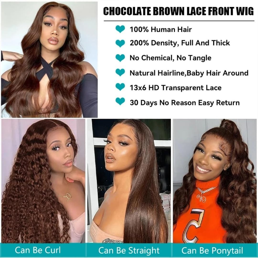 30″ Chocolate Brown Body Wave HD Lace Front Wig, 200 Density, Pre-Plucked, Dark