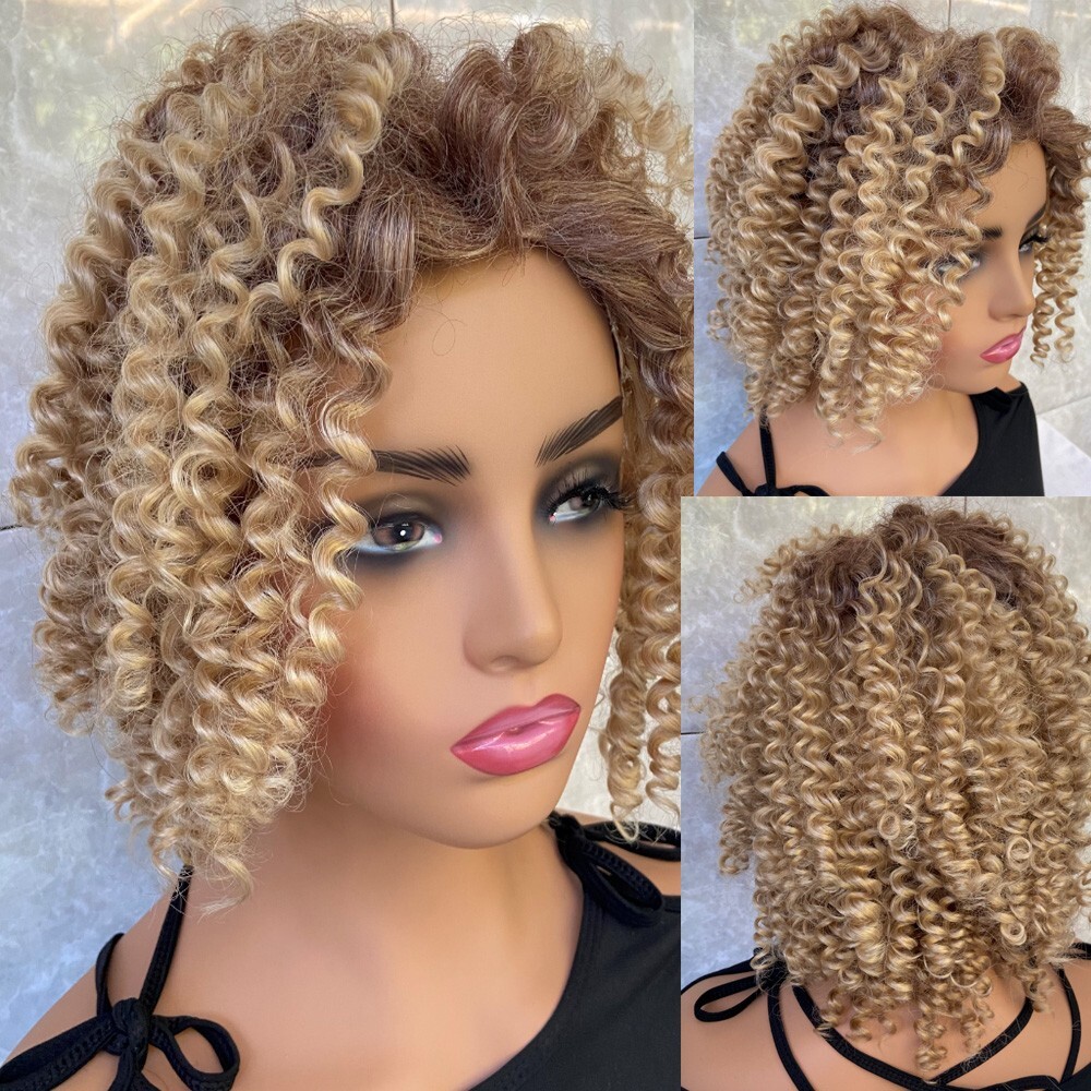 Short Kinky Curly Rooted Blonde Mix Human Hair Blend Heat Ok Wigs Women Soft