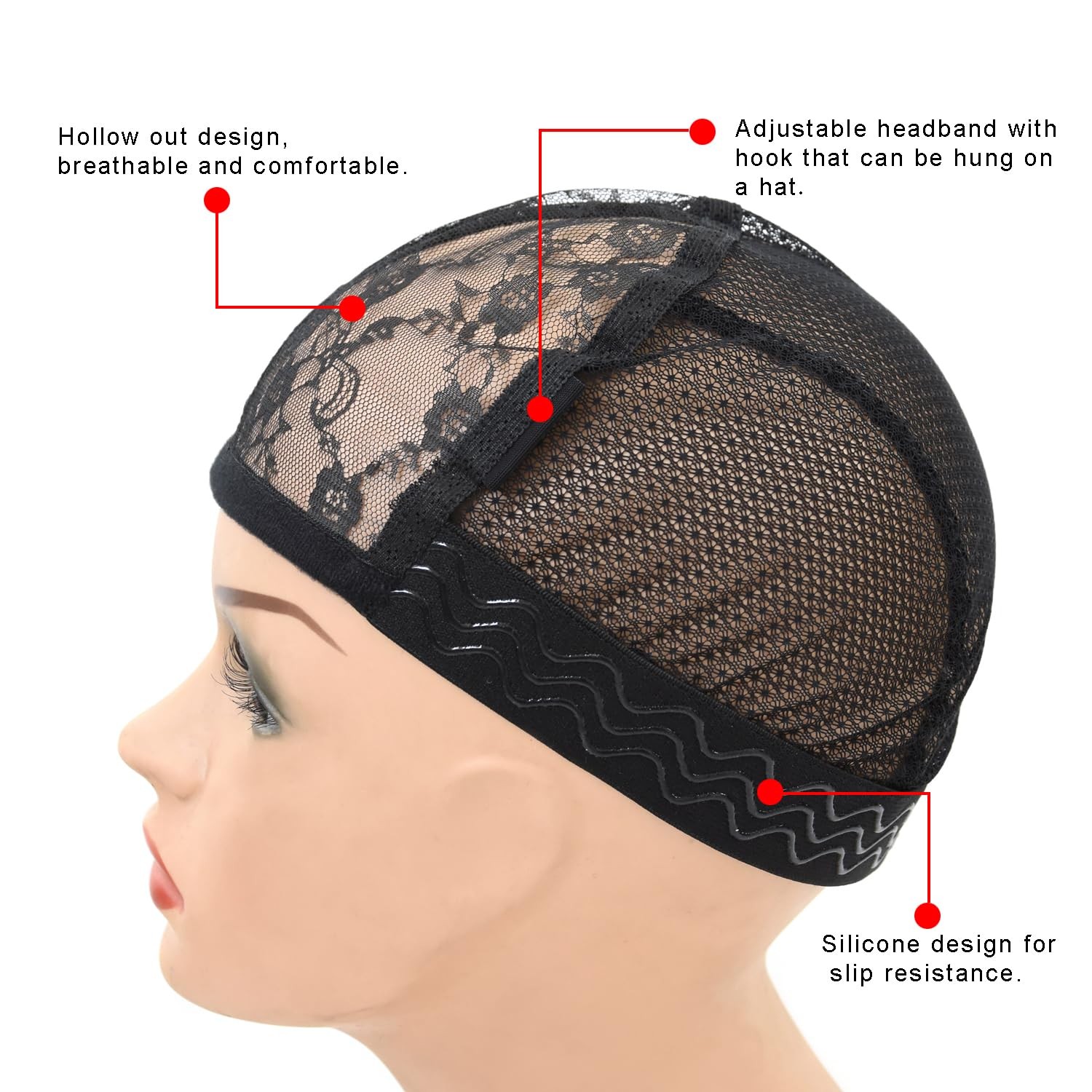 1 Pc Black Lace Mesh Weaving Wig Cap Silicone Grip Elastic Band with…