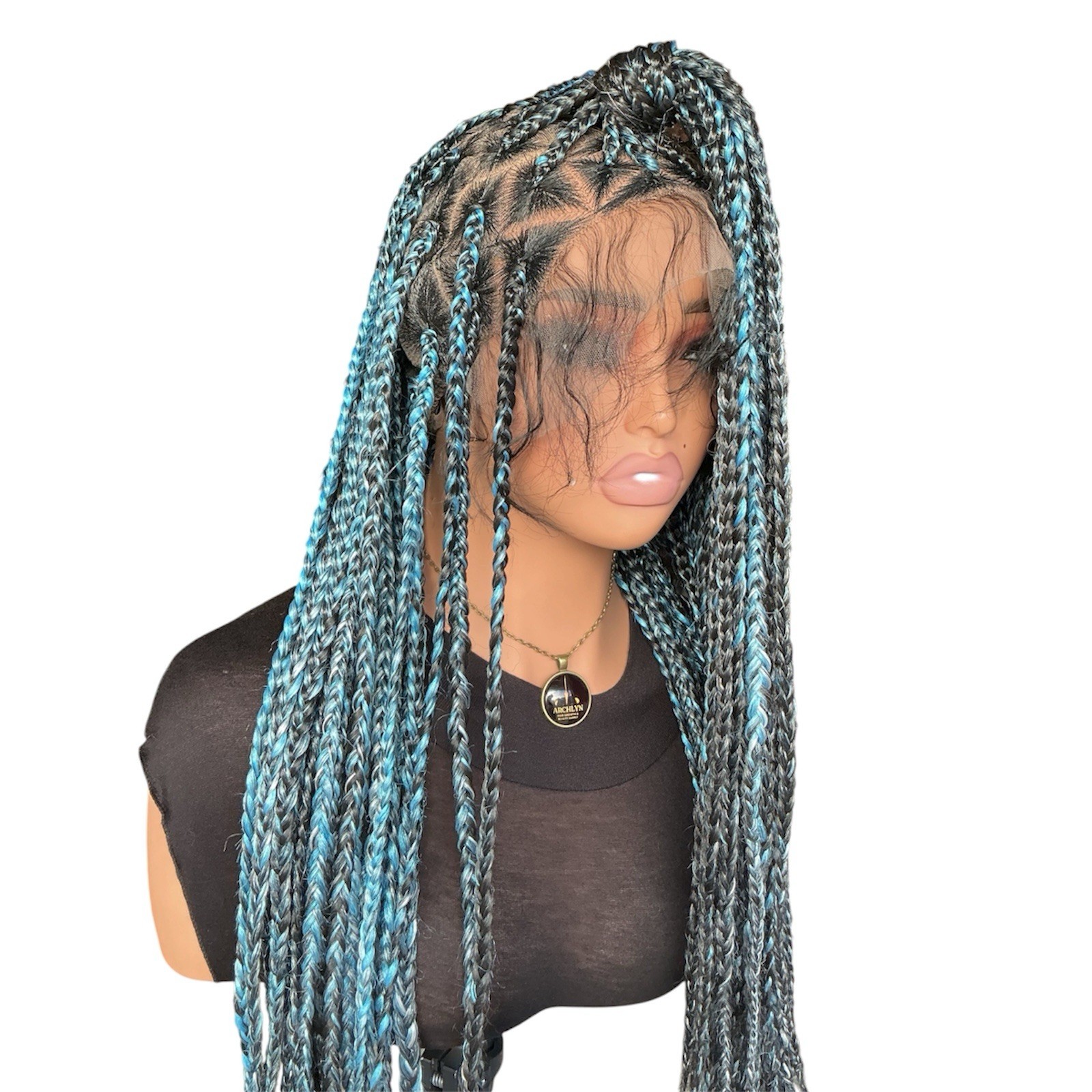 Handmade Black Blue Silver Long Curly Ends Braided Lace Front Wig 31-40in