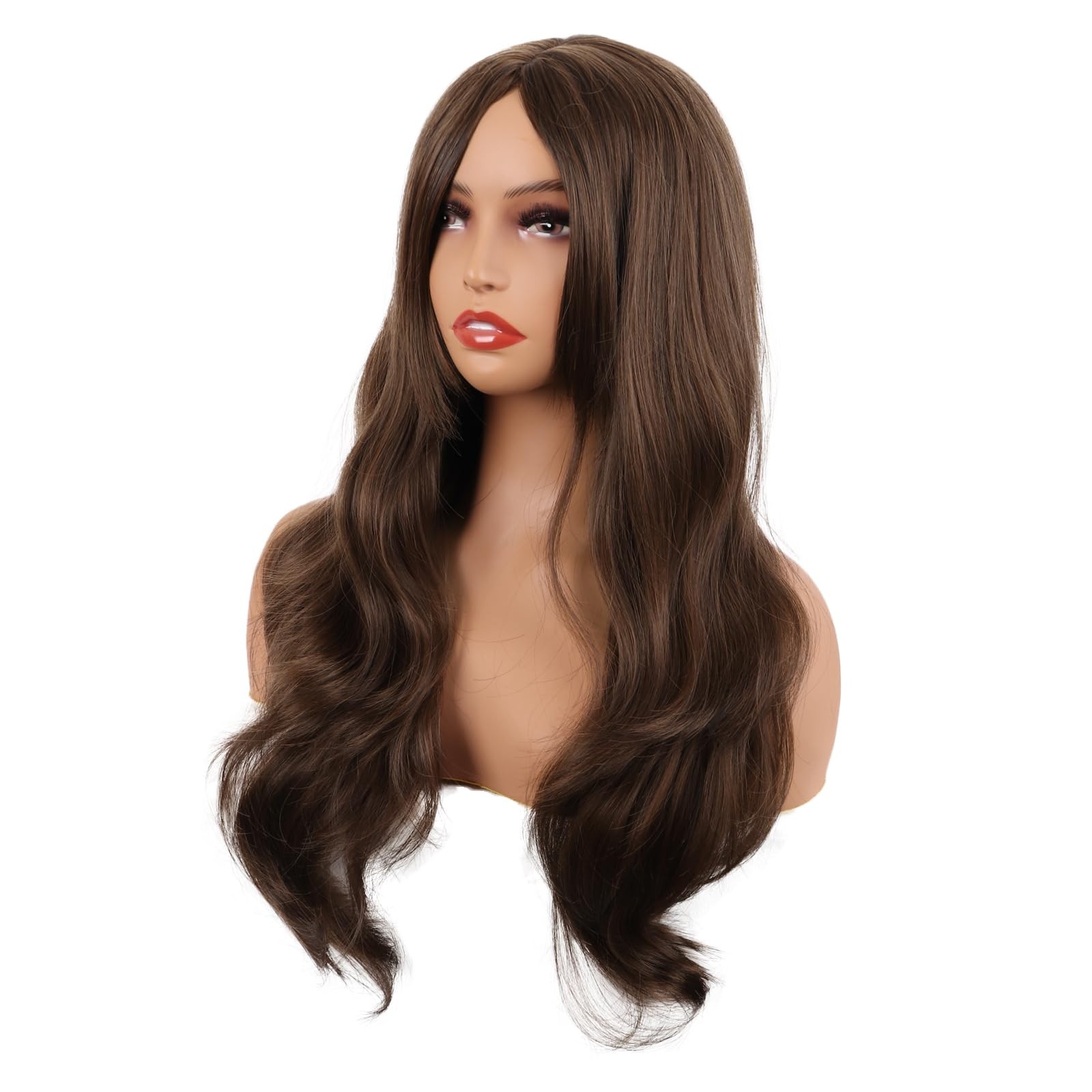 26 Inch Fashion Long Layered Side Bangs Wavy Curly Wig, Brown