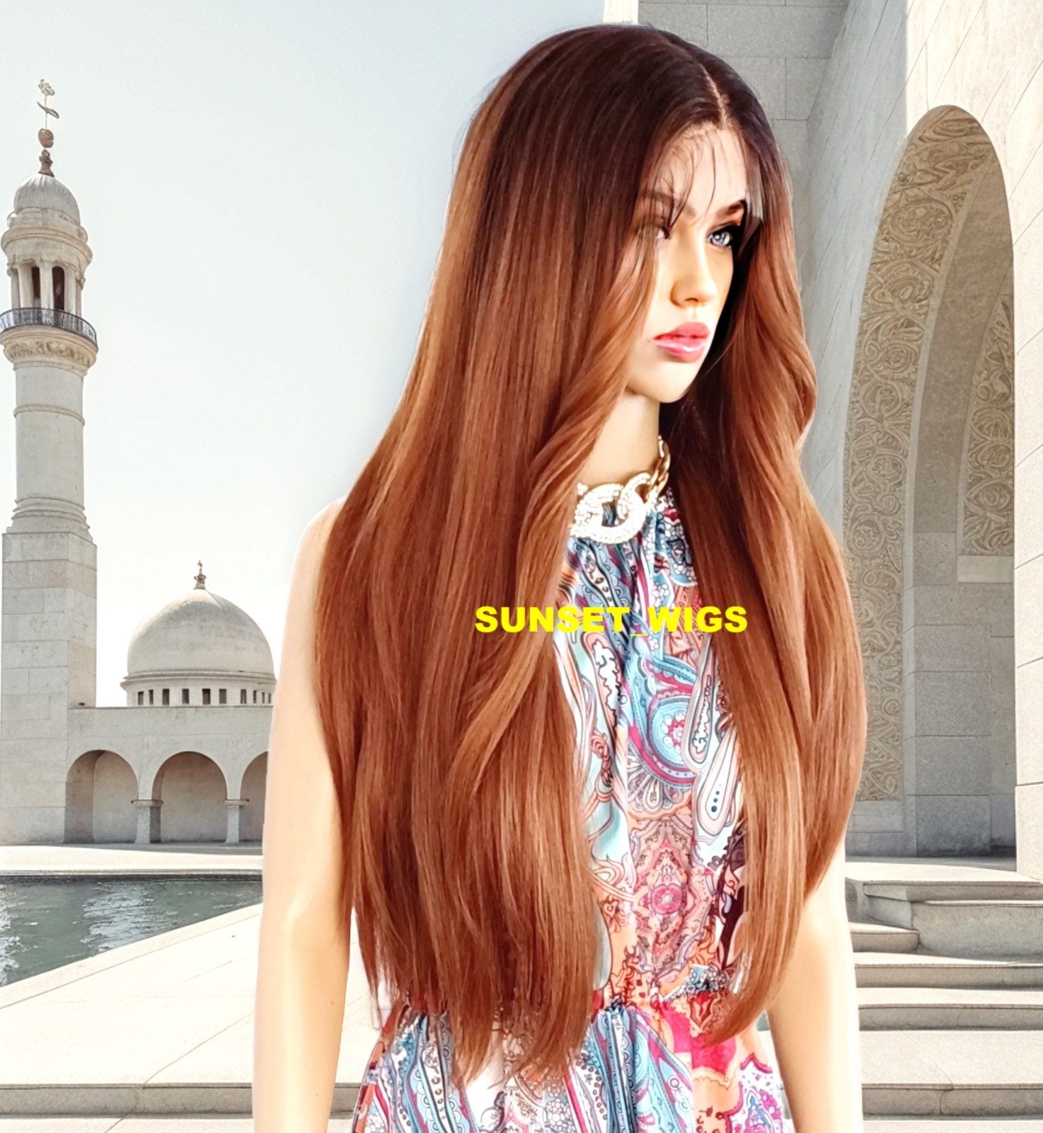 35″ LACE FRONT WIG LONG STRAIGHT LAYERED OMBRE BROWN AUBURN MIX HEAT OK