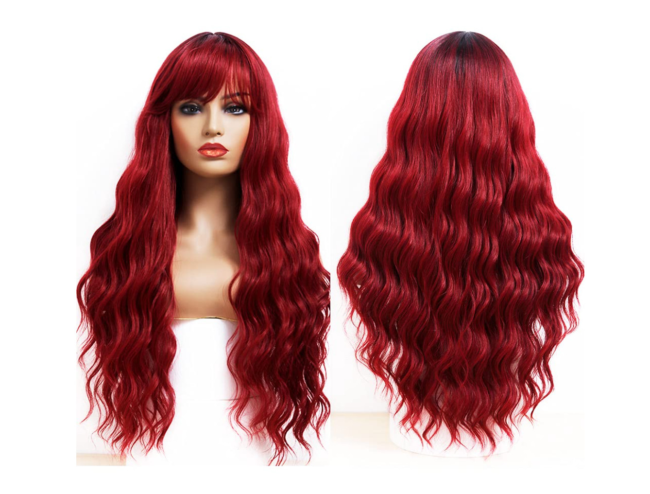 ANDRIA Women’s 26″ Wavy Wig w/Bangs Synthetic Heat Resist Ombre Burgundy Red NWT