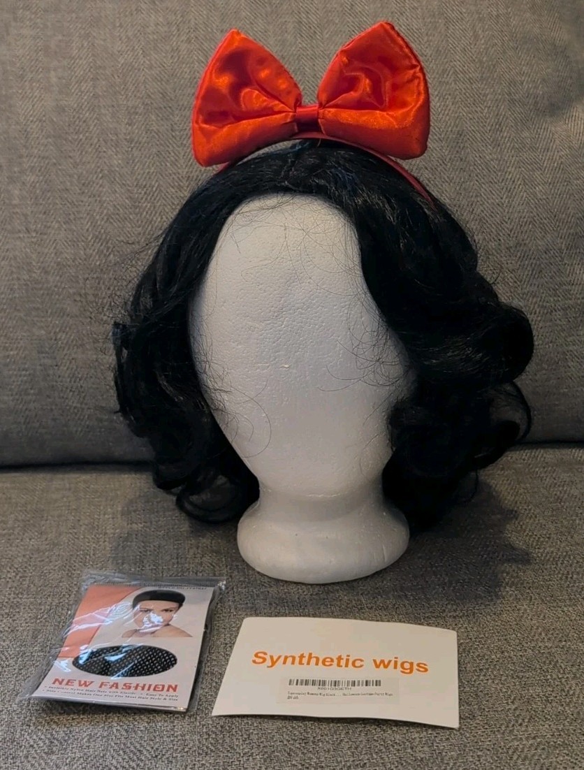 Cosplay Women’s Wig Headband Dark Black Curls Red Bow Cap Brand New